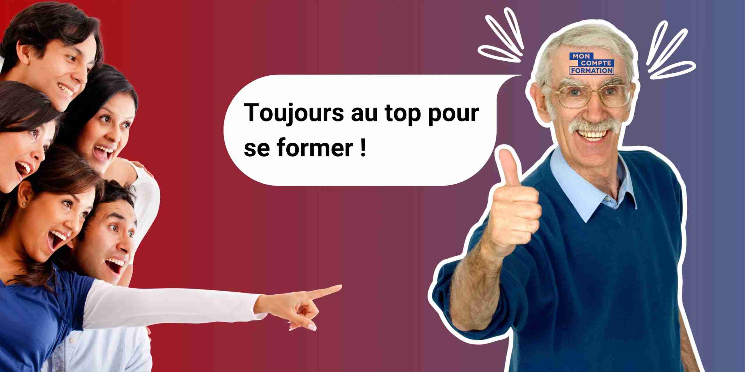 cpf-retraite-droits Personne âgée qui se forme et qui épate les jeunes. il s'agit d'un homme âgée qui lève le pouce, toujours partant pour se former. l'image illustre l'article de blog : Je suis retraité : que deviennent mes droits à la formation ?