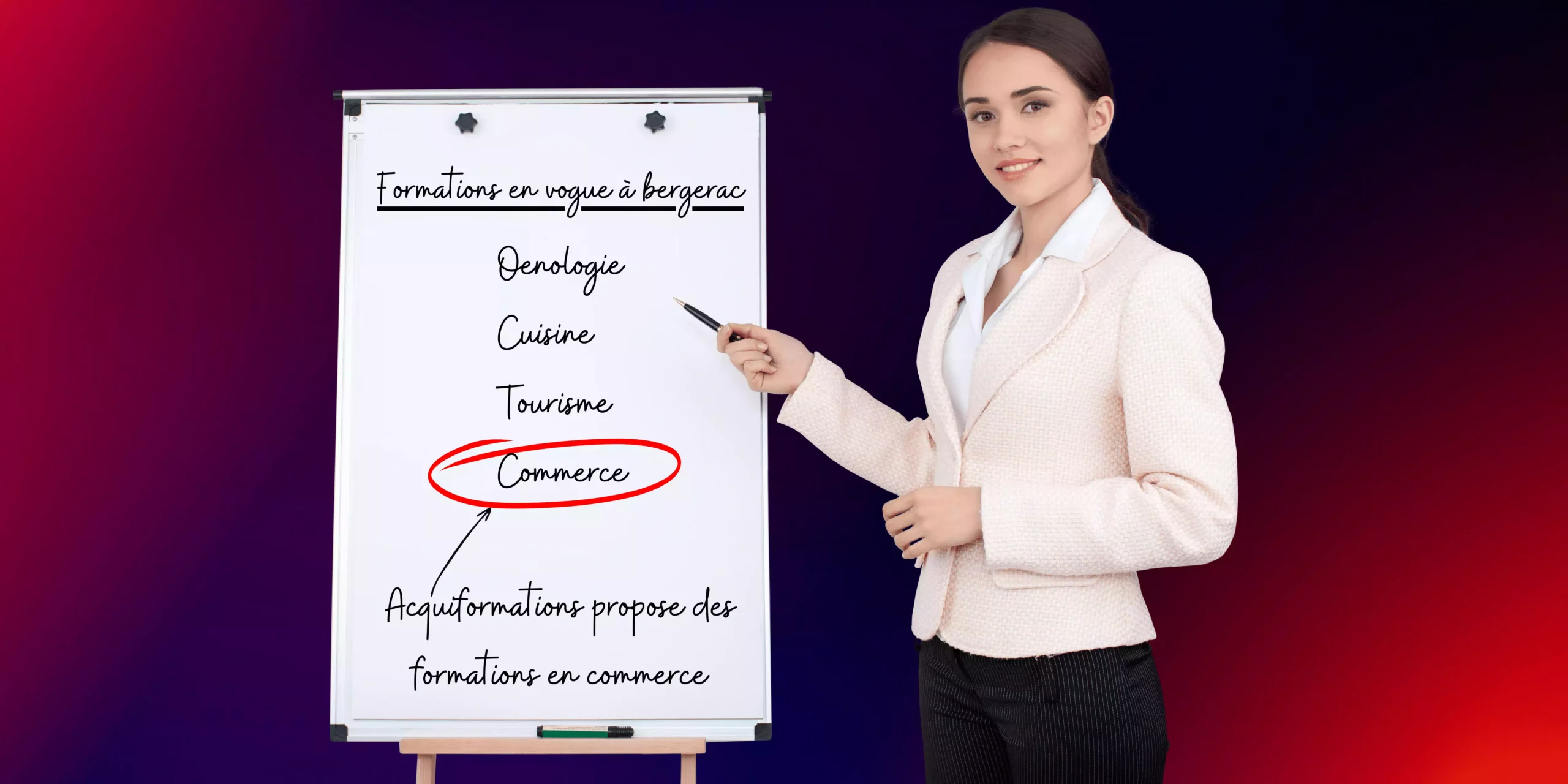 formation-bergerac-commerce-business Femme présentant les formations en vogue à Bergerac, parmis lesquelles, le commerce. Acquiformations propose des formations en commerce à Bergerac en Dordogne.