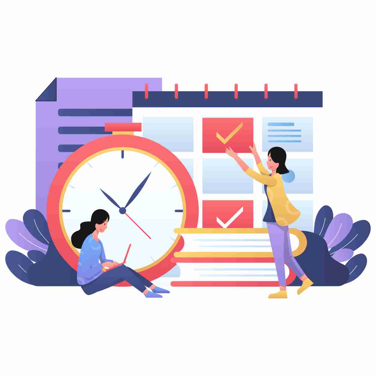 Illustration horaire, avec deux personnage, un devant une pendule, l'autre devant un calendrier.