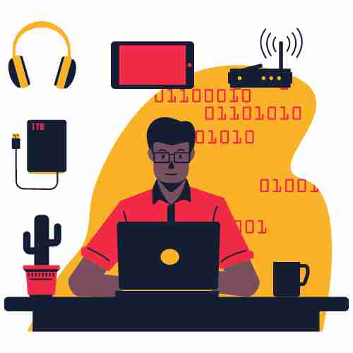Un informaticien qui code son site web. Illustration d'un informaticien qui créer son site web en codant à son bureau.
