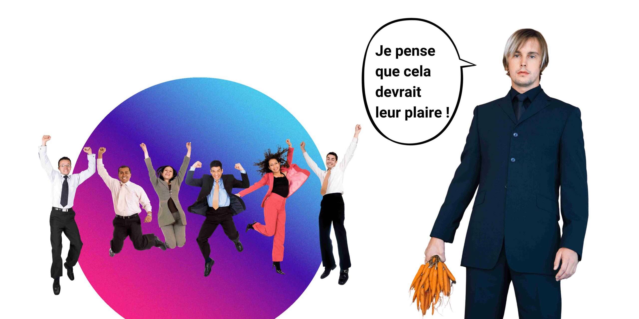 Un patron qui a trouvé le moyen de motiver ses salariés avec des carottes. l'image illustre la fidélisation des salarié via la formation en entreprise. La carotte représente la formation en entreprise.