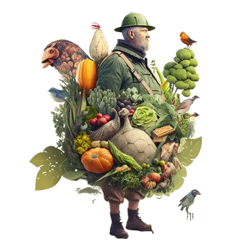 Un homme transportant une grande quantité de légumes, fruit du succès de sa permaculture.