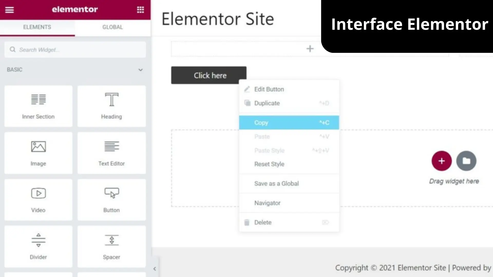 interface_elementor Interface du constructeur de thème Elementor.