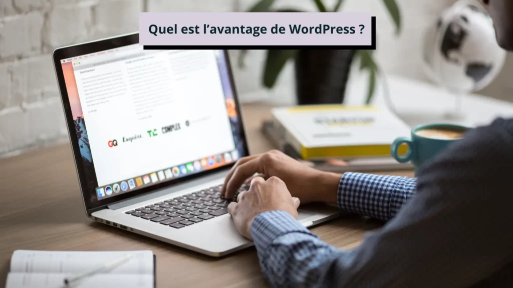 Une personne sur son pc portable, assise sur son bureau et installant des extensions WordPress pour que son site web fonctionne correctement tout en montrant les avantages de Wordpress.
