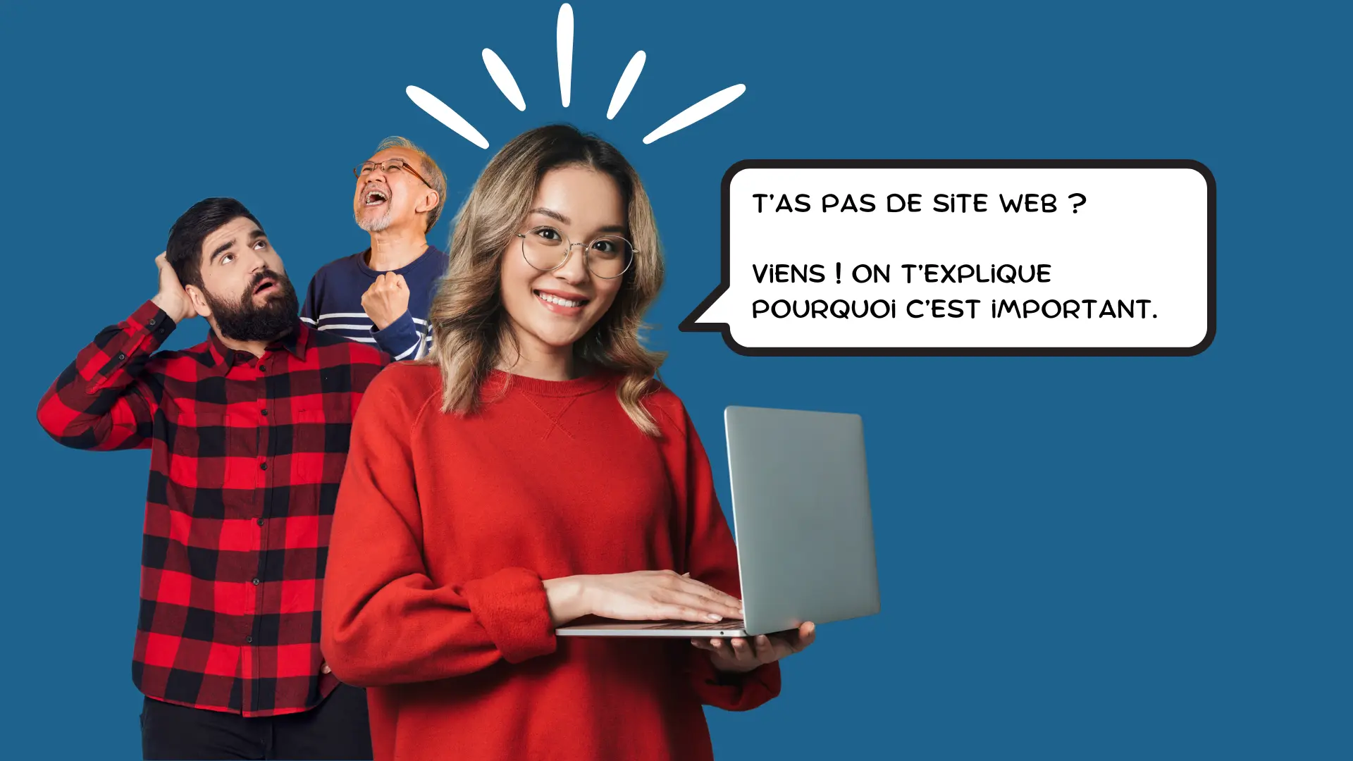 Groupe de personnes, deux hommes et une femme tenant un ordinateur dans les mains.