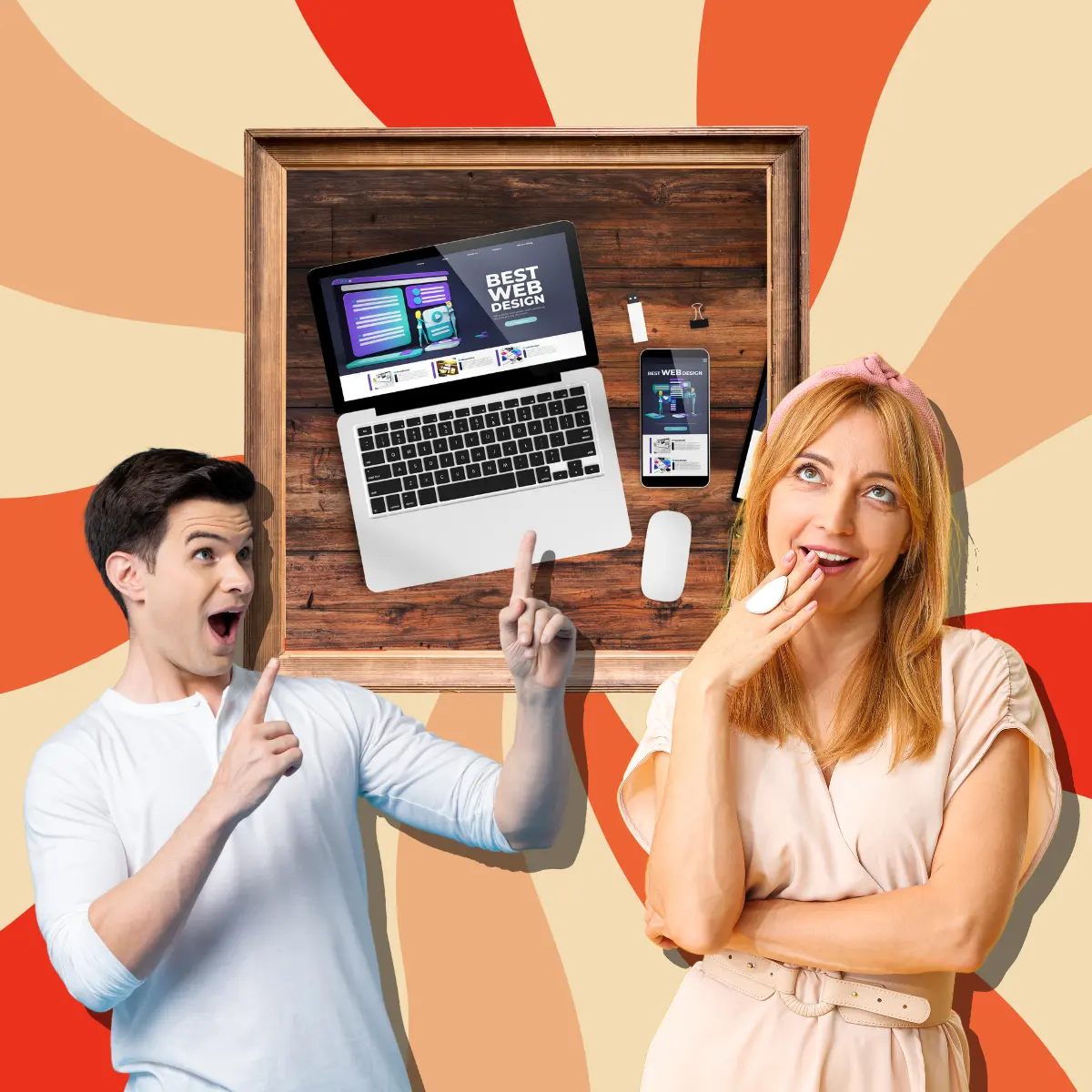 Un homme et une fille contemple un tableau sur lequel se trouve un ordinateur portable et un smartphone montrant un super site web responsive et performant créé par Acquiformations.