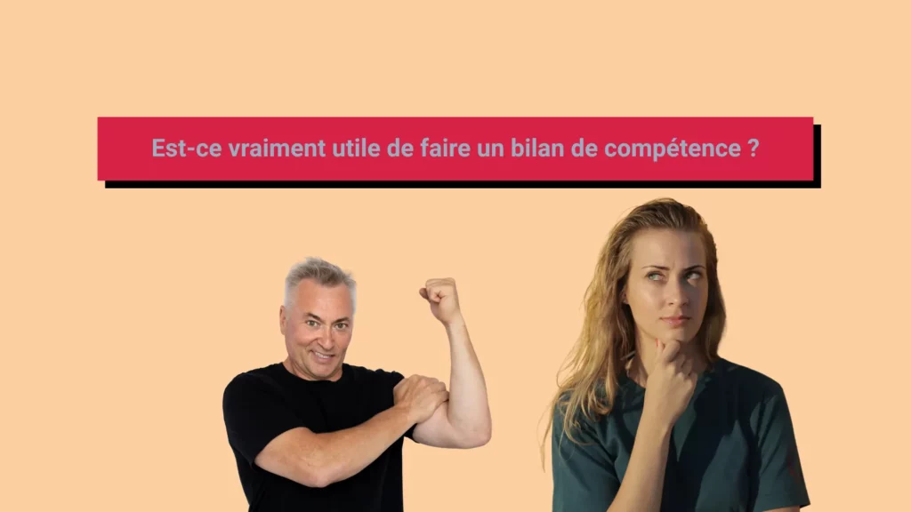 Une femme au premier plan réfléchissant si le bilan de compétences est vraiment utile. Au second plan un homme montrant ses muscles pour prouver qu'il a fait le bilan de compétences.