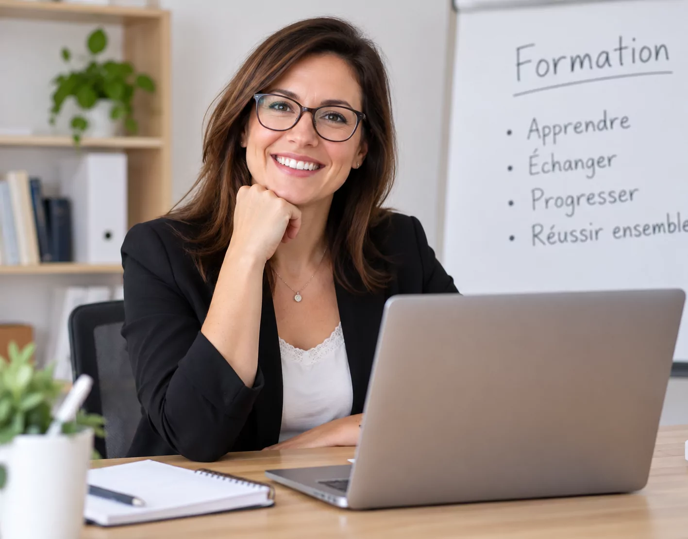 Formatrice souriante devant son ordinateur